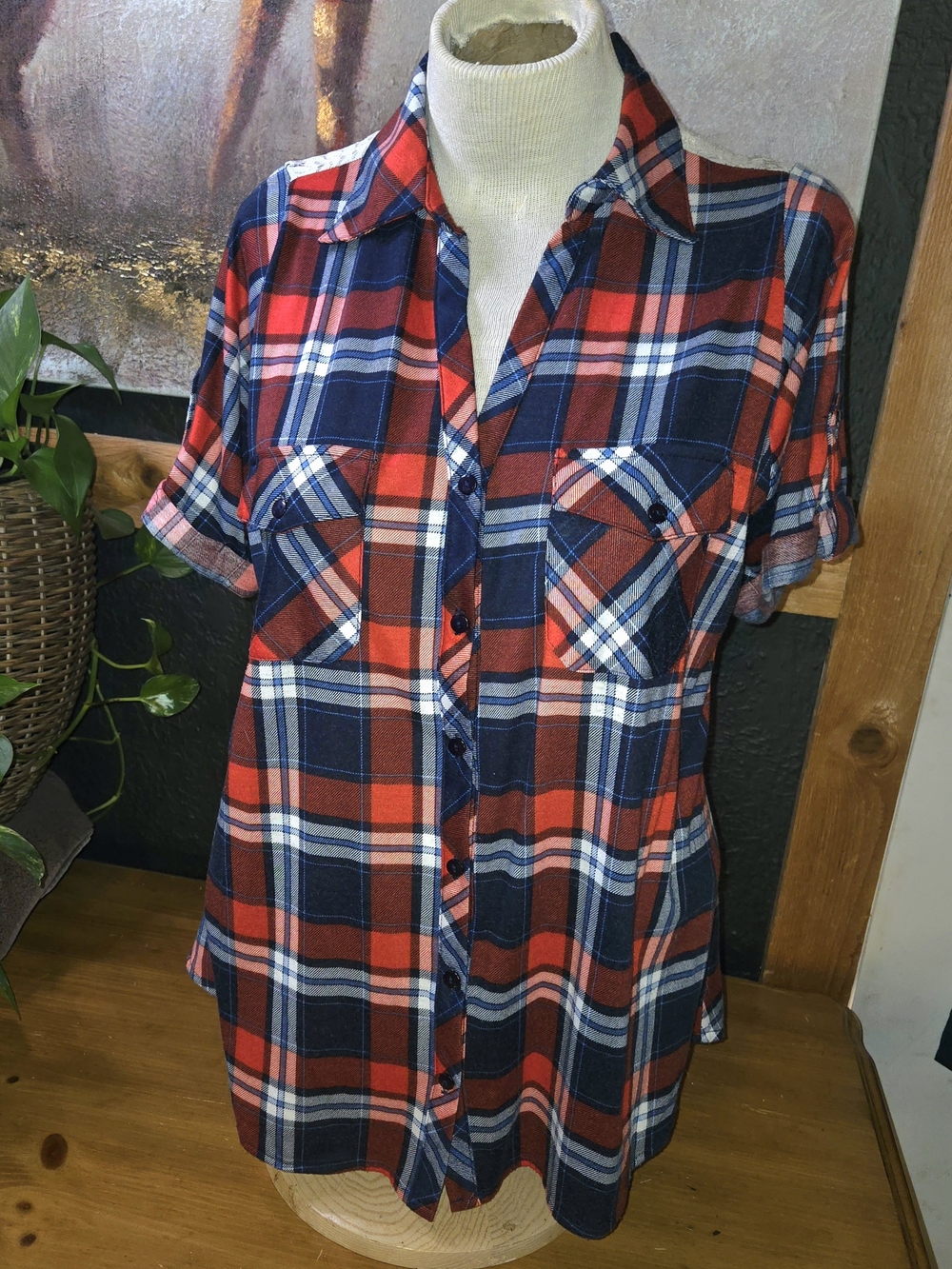 Plaid Button-Down Shirt - Red & Navy